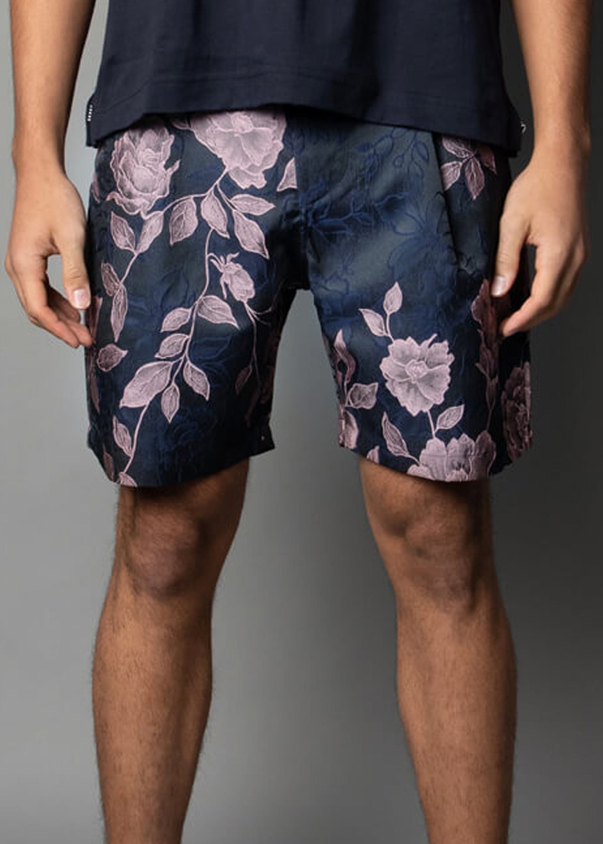 navy brocade mens shorts with floral pattern