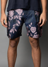 navy brocade mens shorts with floral pattern