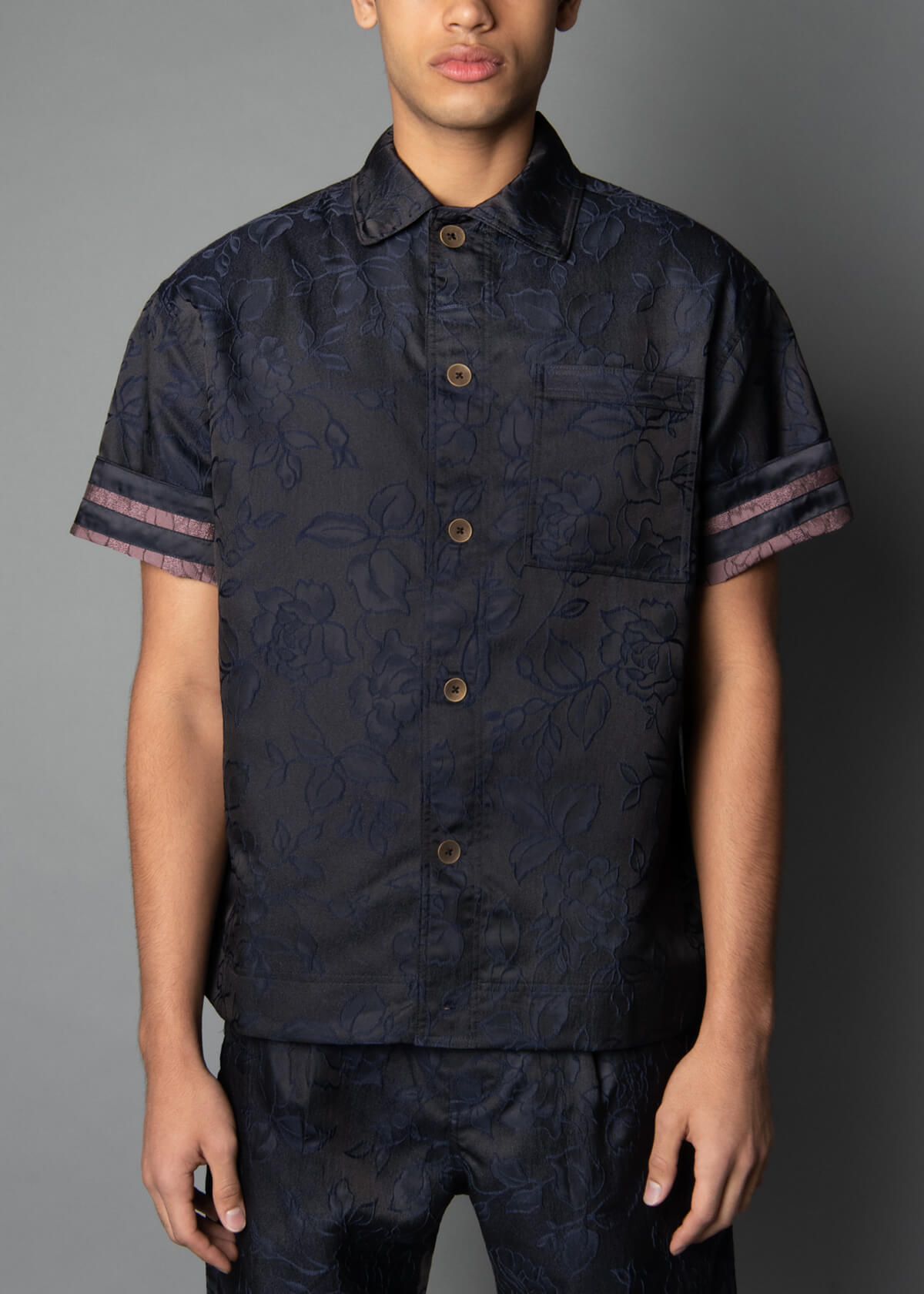 short sleeve mens shirt in a blue brocade fabric
