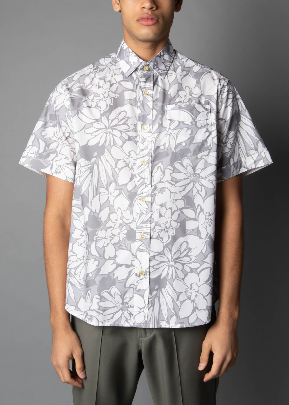 white and grey floral stencil print short sleeve men's shirt