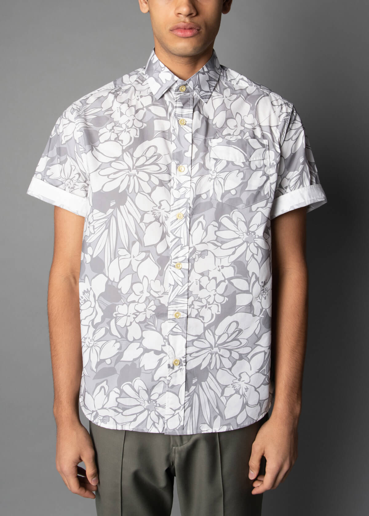 100% cotton white and gray floral print short sleeve shirt for men